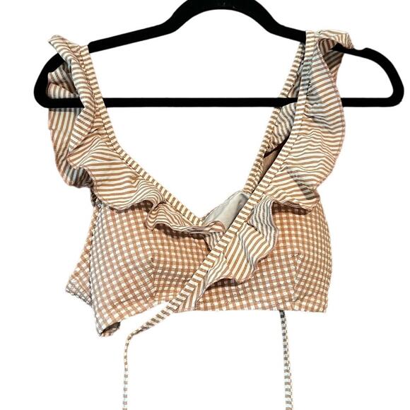 NWT Aerie Women's Gingham Seersucker Scoop Wrap Bikini Top Tan Size Large - Picture 1 of 12